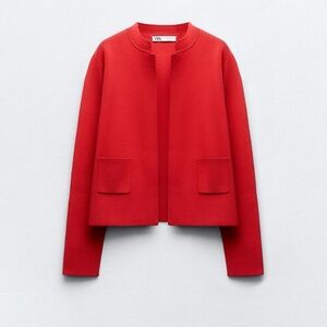 Zara Red Open-Front Minimalist Blazer